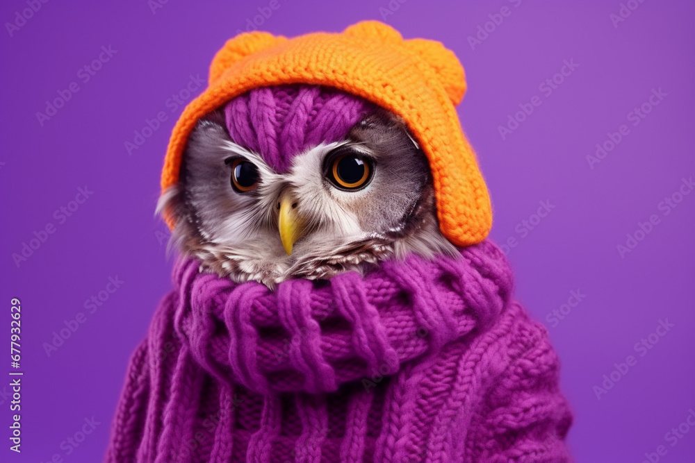 Obraz premium funny colorful owl in warm clothes 