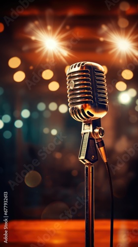 A microphone in focus at an open mic night, prominently positioned up front with curtains or a blurred background, capturing the essence of a live performance.