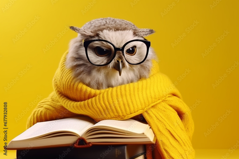 funny owl in warm clothes and glasses with books on yellow background