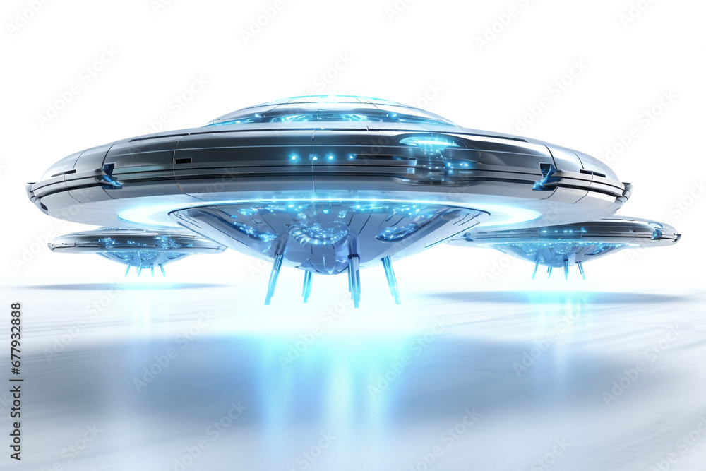 Alien Spaceships Ufo With Blue Beam Scifi Abduction 3D Illustration white background Alien Spaceships Ufo With Blue Beam Scifi Abduction 3D Illustration white background