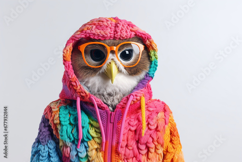 funny colorful owl in warm clothes photo