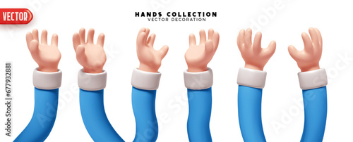 Set of hands 3d realistic design. Collection of cartoon Santa Claus blue sleeves, hands palm up Vector illustration
