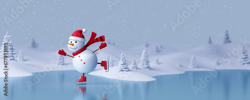 Snowman with ice skates on frozen lake in winter landscape 3d render 3d illustration photo