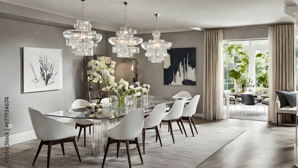 A dining area with a glass-top dining table, acrylic chairs, and a statement contemporary chandelier.