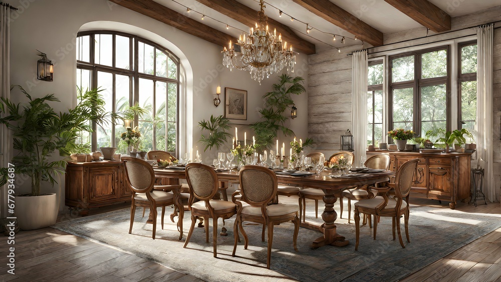 An elegant dining room with a large wooden table, ambient lighting, and tasteful decor.