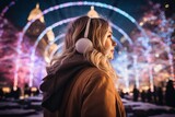 The Sound of Lights: A Woman Immersed in Music and Illuminated Ambience. A woman wearing headphones with lights in the background