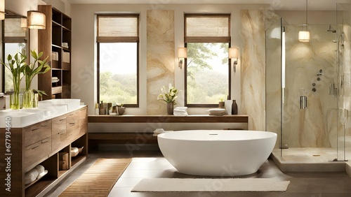 A bathroom with a spa-like atmosphere, natural materials, and soft lighting.