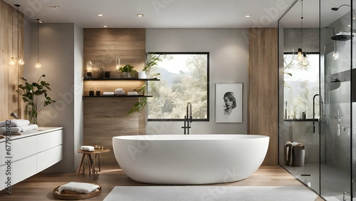 bathroom with a freestanding tub, a frameless glass shower, and wall-mounted vanities with LED mirrors. © AI ARTS