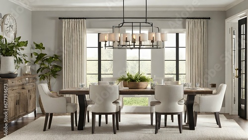 dining room featuring a rustic farmhouse table  upholstered dining chairs  and a statement chandelier.