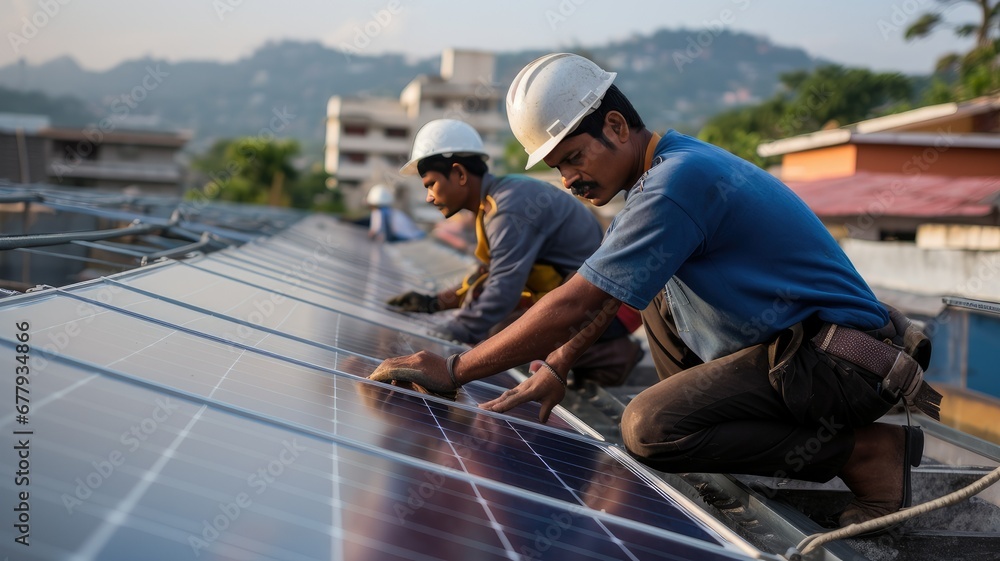 Construction workers installing and fixing large solar panels, setting up renewable, green energy generation, depicting the advancement of sustainable practices in the construction industry.
