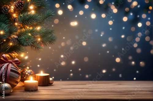 wooden table, top view, christmas background