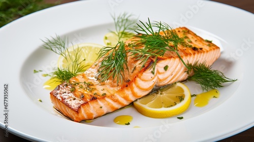 A plate of grilled salmon with lemon and dill, on an elegant white plate.