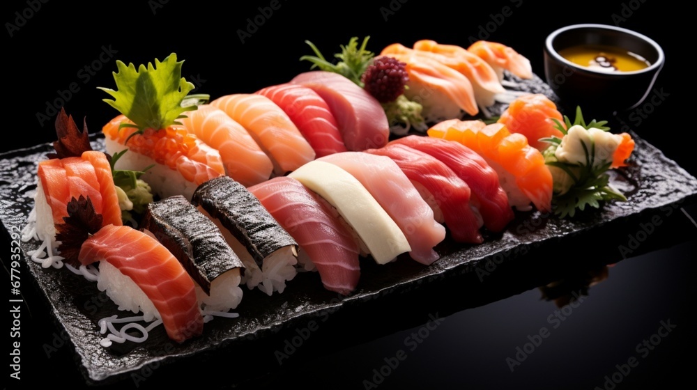 A traditional Japanese sushi platter, featuring an assortment of nigiri and sashimi. The fish is fresh and vibrant, laid on perfectly shaped rice. A traditional Japanese sushi platter, featuring an assortment of nigiri and sashimi. The fish is fresh and vibrant, laid on perfectly shaped rice.