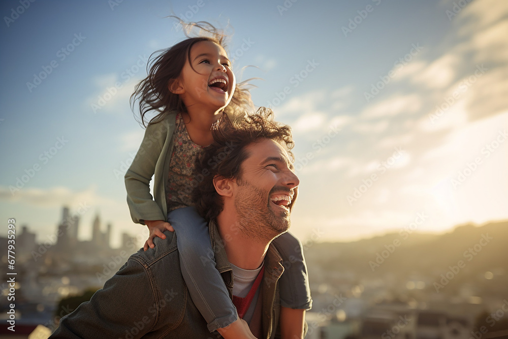 The family portrait of a happy father and daughter hugging and enjoying their free time together under bright sky and sunshine. Generative AI. The family portrait of a happy father and daughter hugging and enjoying their free time together under bright sky and sunshine. Generative AI.
