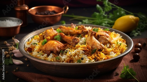 A traditional Indian biryani dish, with fragrant basmati rice, spices, saffron, and tender pieces of chicken.