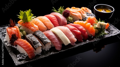 A traditional Japanese sushi platter, featuring an assortment of nigiri and sashimi. The fish is fresh and vibrant, laid on perfectly shaped rice. 