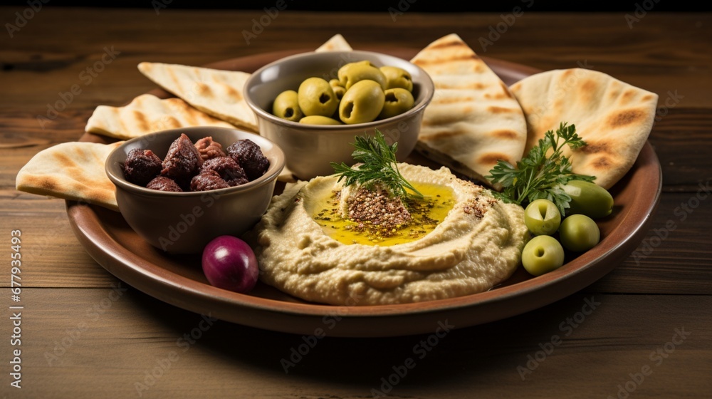 A platter of Mediterranean mezze with hummus, pita, and olives, on an earthenware plate.