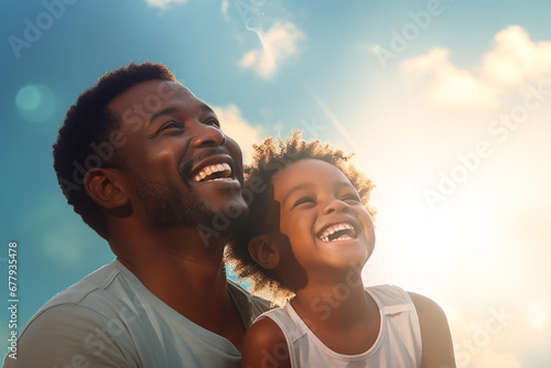 The family portrait of a happy father and child are looking up at the bright sky with the sun shining from behind  and smiling at each other. Generative AI.
