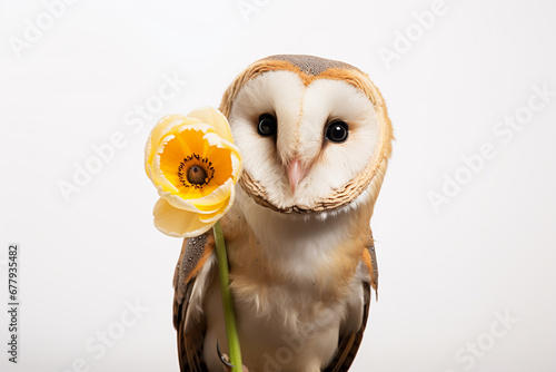 happy smiling romantic owl with flower isolated on white