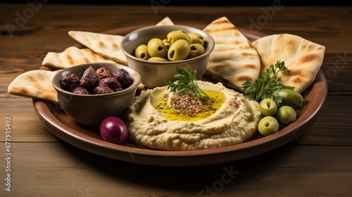 A platter of Mediterranean mezze with hummus, pita, and olives, on an earthenware plate.