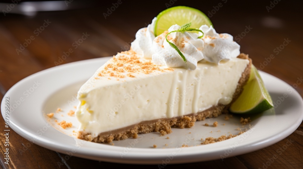A slice of key lime pie with a creamy topping, on a simple white dish.