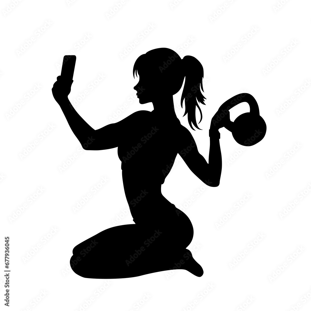 Obraz premium Kobieta na siłowni unosząca odważnik i robiąca sobie selfie. Zdrowy tryb życia, ćwiczenia fizyczne. Czarna postać na białym tle.