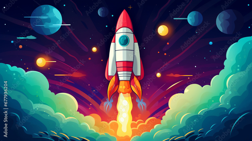 Illustration of Rocket. Colorful background. Generative AI. Illustration of Rocket. Colorful background. Generative AI.
