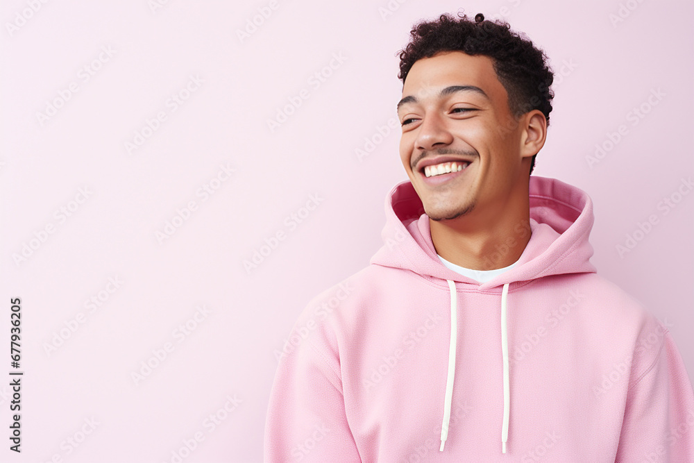 The portrait of a cute and handsome male teeager in a pink, blue hoodie standing and looking at the camera, isolated on a pink, blue background. Generative AI. - obrazy, fototapety, plakaty 