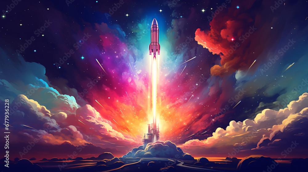 Illustration of Rocket. Colorful background. Generative AI.