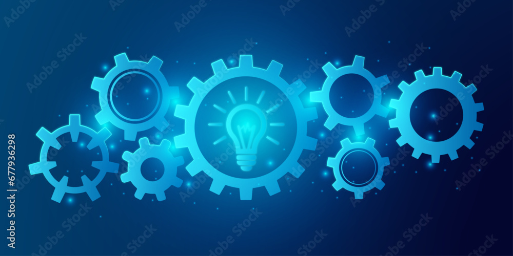 Dynamic gears with Lamp idea. Business process and workflow automation with flowchart. teamwork in corporate workplace concept. vector illustration