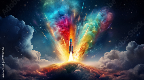 Illustration of Rocket. Colorful background. Generative AI. © BoszyArtis