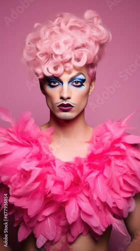 Drag queen in elaborate and vibrant attire, donning expressive makeup and a flamboyant ensemble, representing the artistic and diverse world of drag culture.