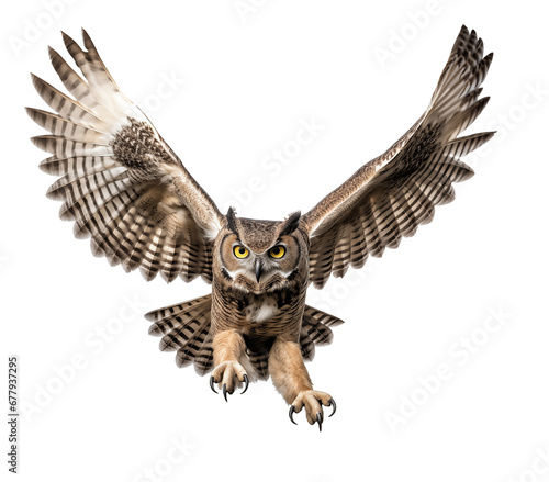 Great Horned Owl wings spread apart flying, Bubo virginianus attacking isolated on transparent background. 