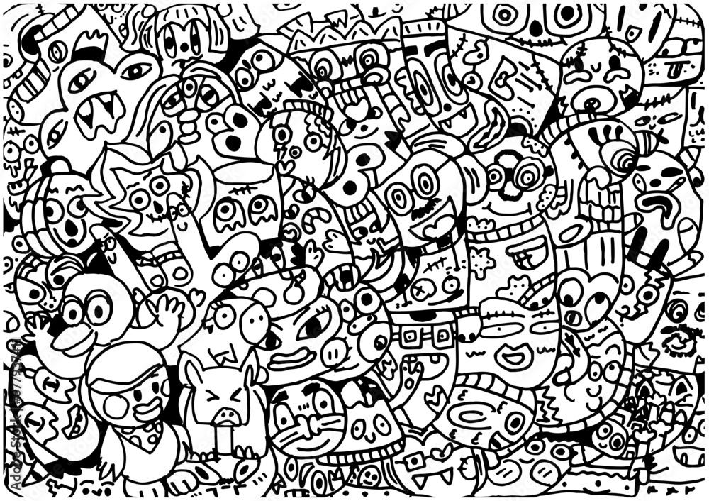 Vector illustration of Doodle little funny monsters,Hand drawn cartoon illustration,Funny Doodle Hand Drawn,Page for coloring.