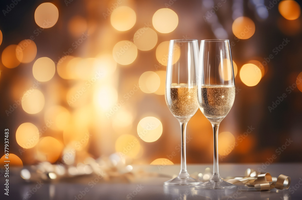 a couple of sparkling champagne glasses on table with golden ribbon, on golden bokeh background with copy space. Romantic concept. Generative AI a couple of sparkling champagne glasses on table with golden ribbon, on golden bokeh background with copy space. Romantic concept. Generative AI