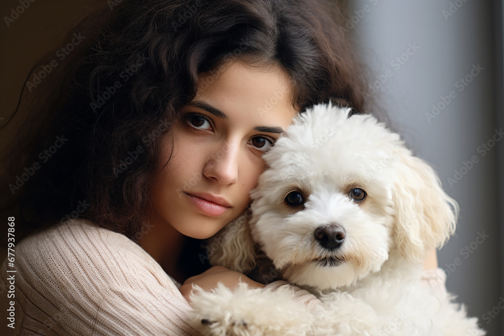 The portrait of the best buddy , a happy female owner with her dog, is holding and hugging her lovely pet to take a selfie photo together. Generative AI. The portrait of the best buddy , a happy female owner with her dog, is holding and hugging her lovely pet to take a selfie photo together. Generative AI.