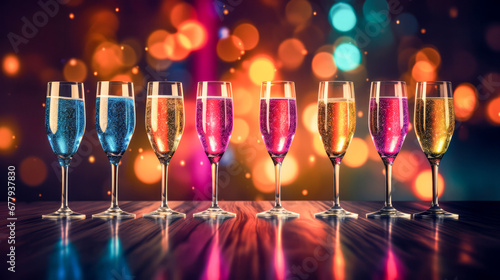 set of glasses with sparkling colored champagne on a glossy table on a background of multicolored bokeh. Gerenative AI photo