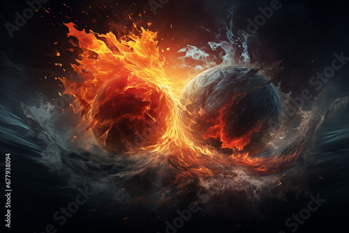 Fusion of elements in a captivating image where fire meets water, earth converges with air, elemental symbols, dynamic contrasts, and harmonious blending