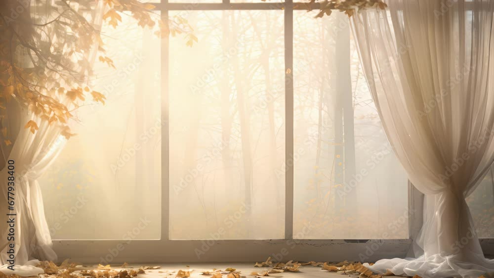 A dreamy autumn background featuring a foggy morning scene. The soft, diffused light seeping through the misty window creates a magical and ethereal atmosphere. This backdrop is ideal A dreamy autumn background featuring a foggy morning scene. The soft, diffused light seeping through the misty window creates a magical and ethereal atmosphere. This backdrop is ideal