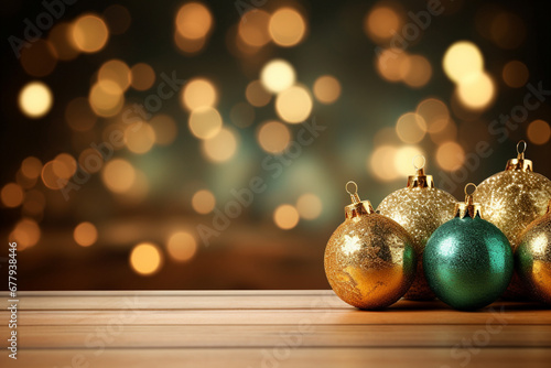 The close up detail of the christmas gold, green, red, and silver ball ornament on wooden table isolated on christmas green background with glare fairy lights. Generative AI.
