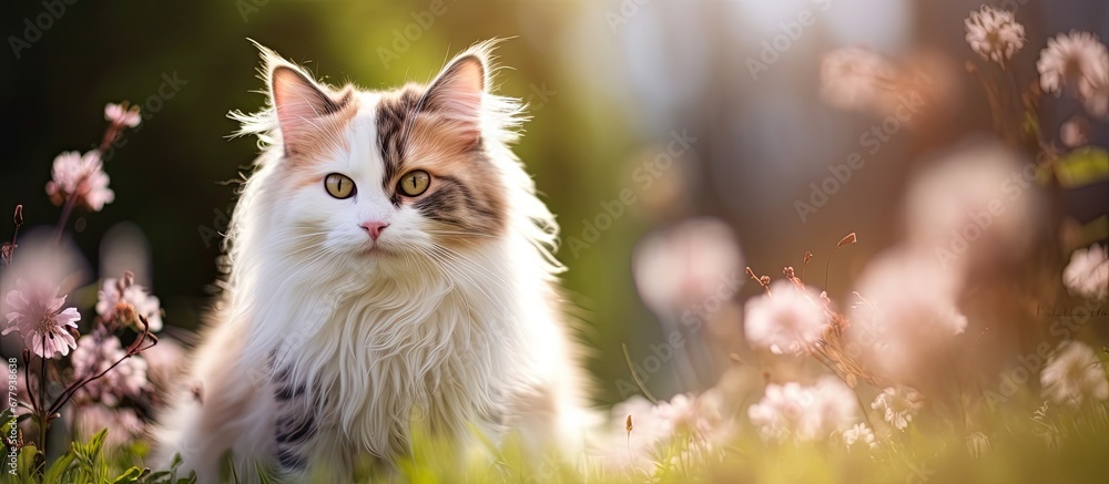 In the vibrant summer park a cute cat with mesmerizing eyes sat calmly among the blossoming nature becoming the perfect subject for a portrait capturing its relaxing and cute face showcasin