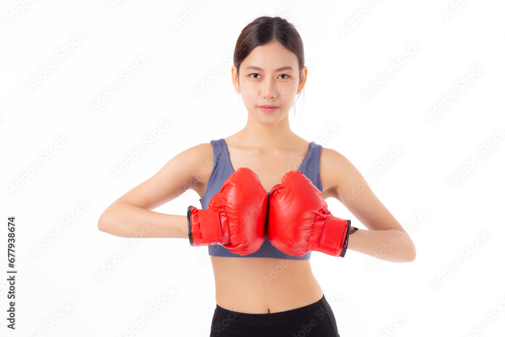 Portrait beautiful young asian woman in sportswear exercise with boxing sport isolated white background, woman training workout with punch for healthcare, health and bodycare, power and strong.