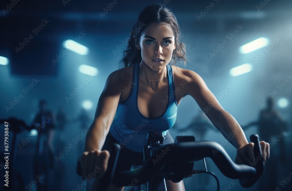 Woman riding a bicycle in an indoor cycling studio. Woman riding a bicycle in an indoor cycling studio.