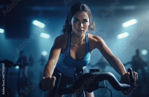 Woman riding a bicycle in an indoor cycling studio.