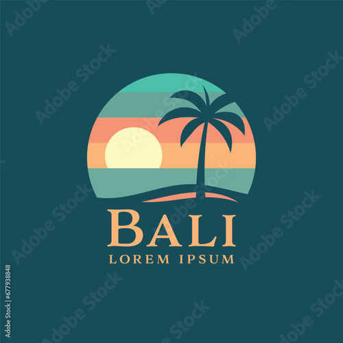 Tropical beach logo at sunset with a palm tree on the island of Bali