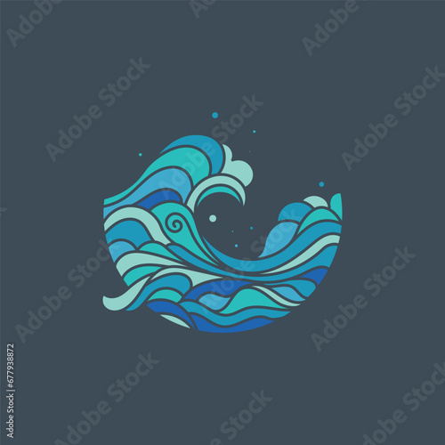 Ocean wave flow logo flat design concept isolated dark background vector illustration