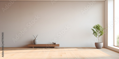 interior of empty room with white wall, in the style of Japanese zen inspired, beige, minimalist stage design  photo