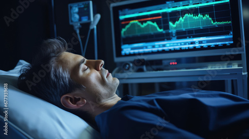 A polysomnogram technician monitoring a patients sleep patterns in a sleep lab photo