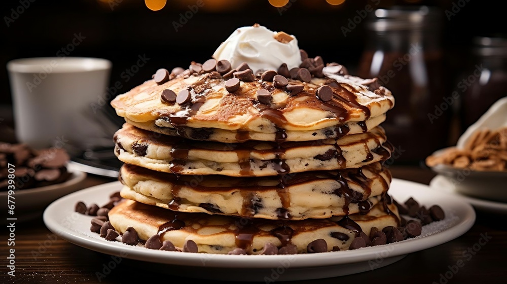 A stack of chocolate chip pancakes, morning delight
A stack of chocolate chip pancakes, morning delight
