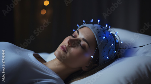 A person lying in a bed with electrodes attached to their scalp for an EEG sleep study photo